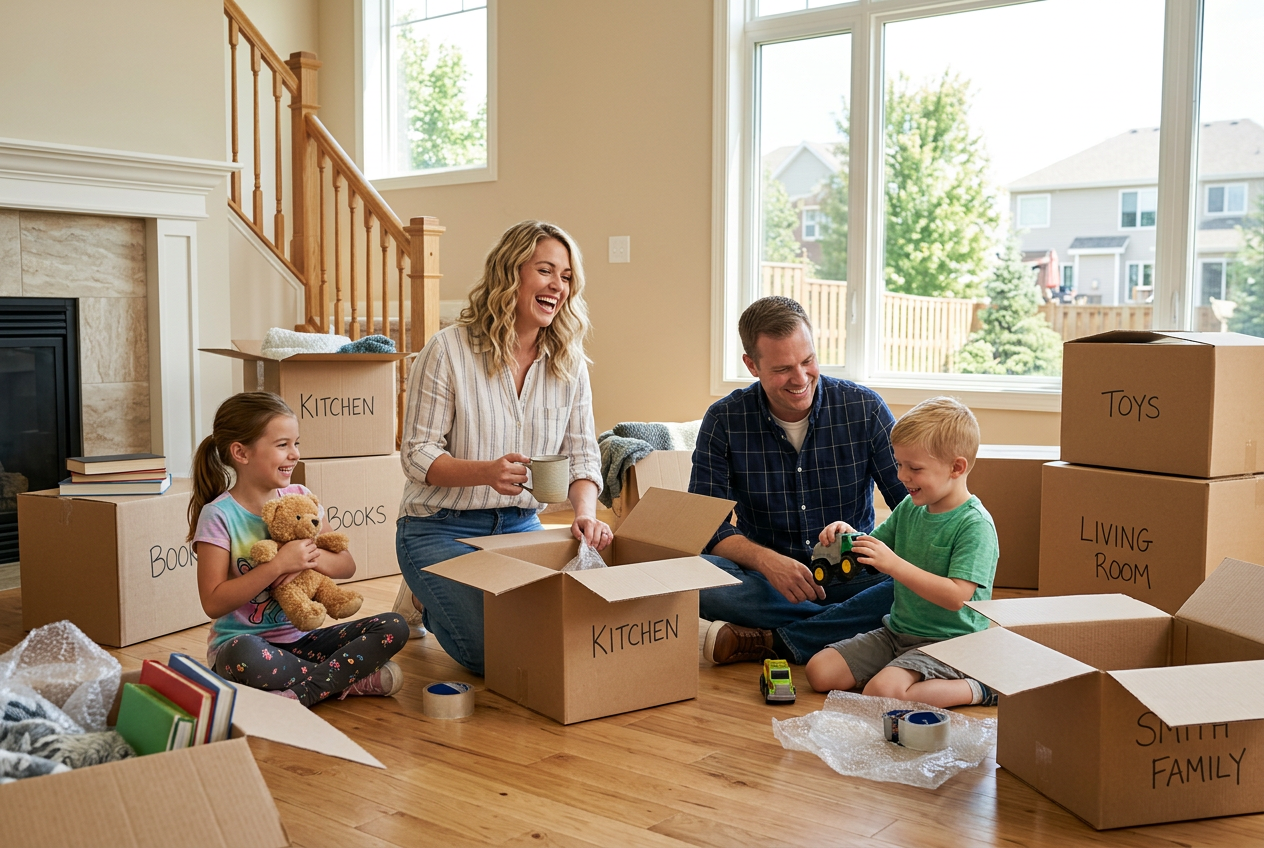 Happy American family unpacking in their new home