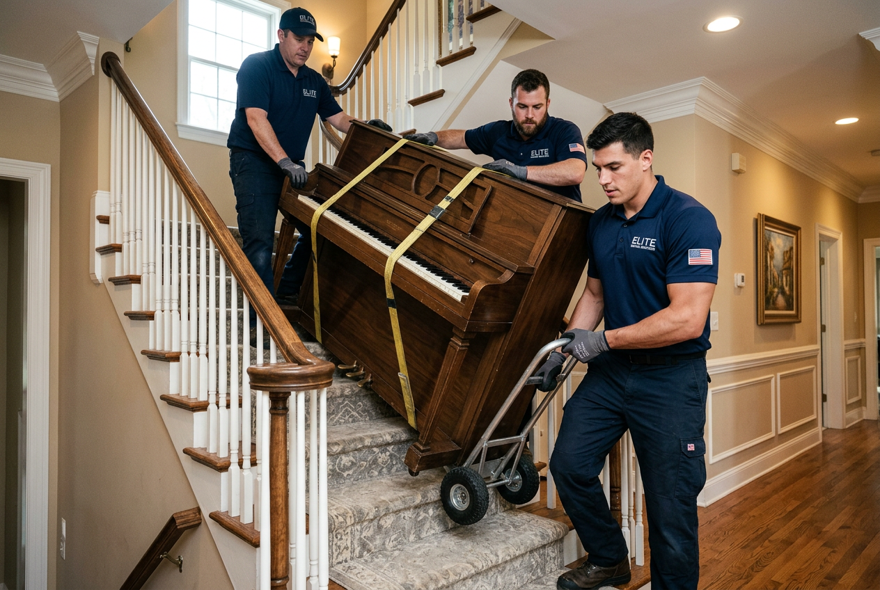 Movers handling a piano on a dolly