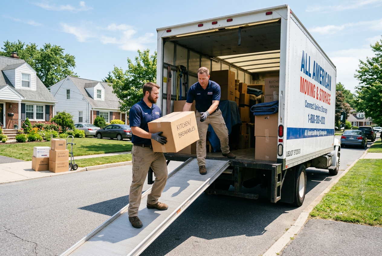 Crew loading boxes into a moving truck