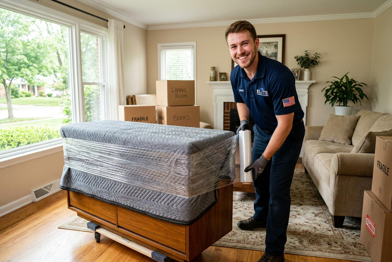 Mover wrapping a mattress in protective film