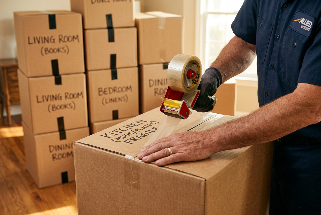 Close-up of mover taping a moving box