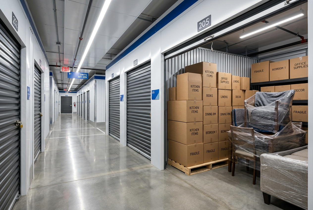 Clean storage facility with stacked boxes